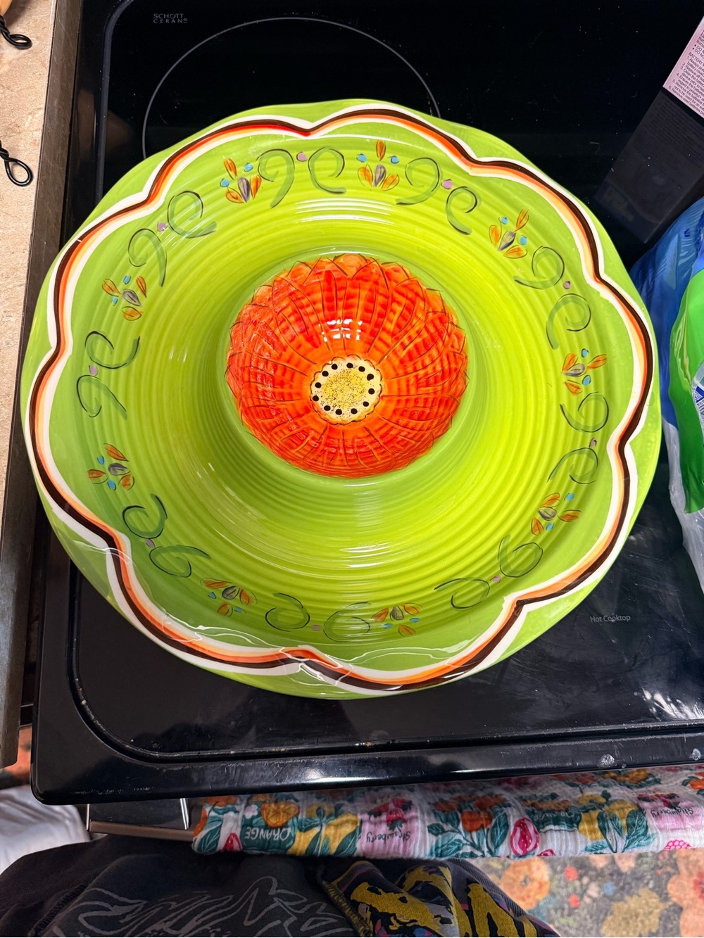 Pier 1 Lime Green Ceramic Chip & Dip Bowl with Orange Center